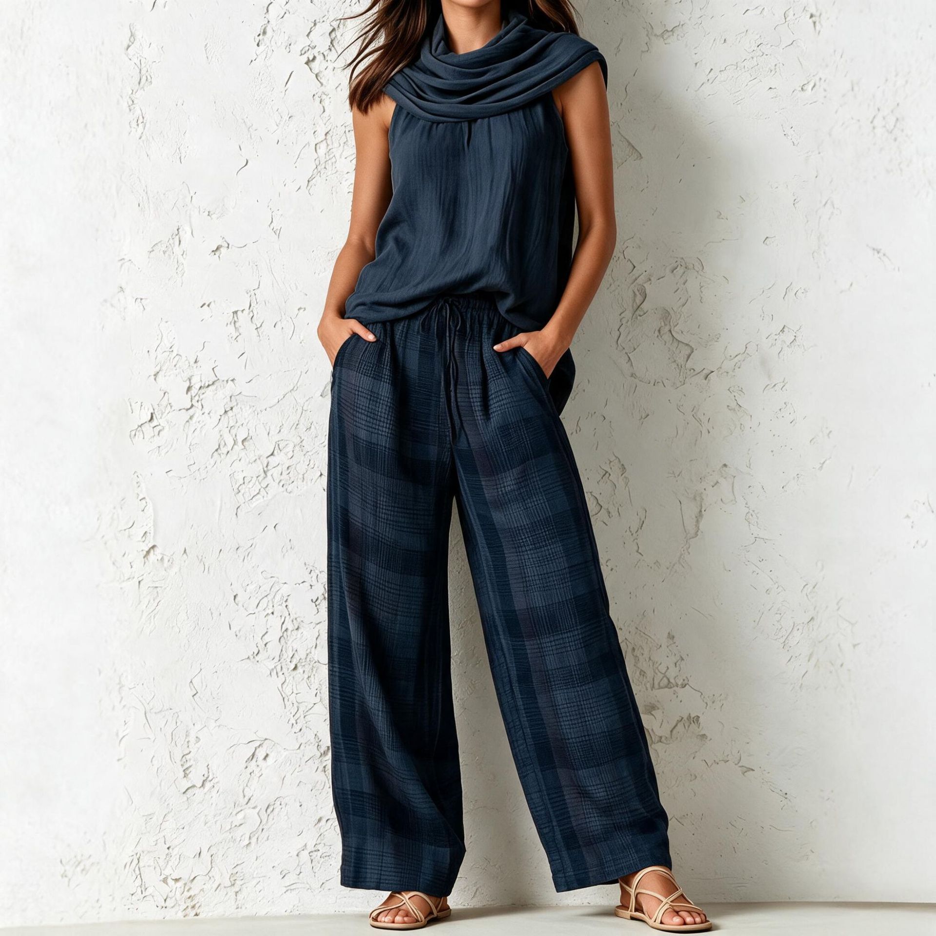 Women's Retro Sleeveless Top and Plaid Pants Set