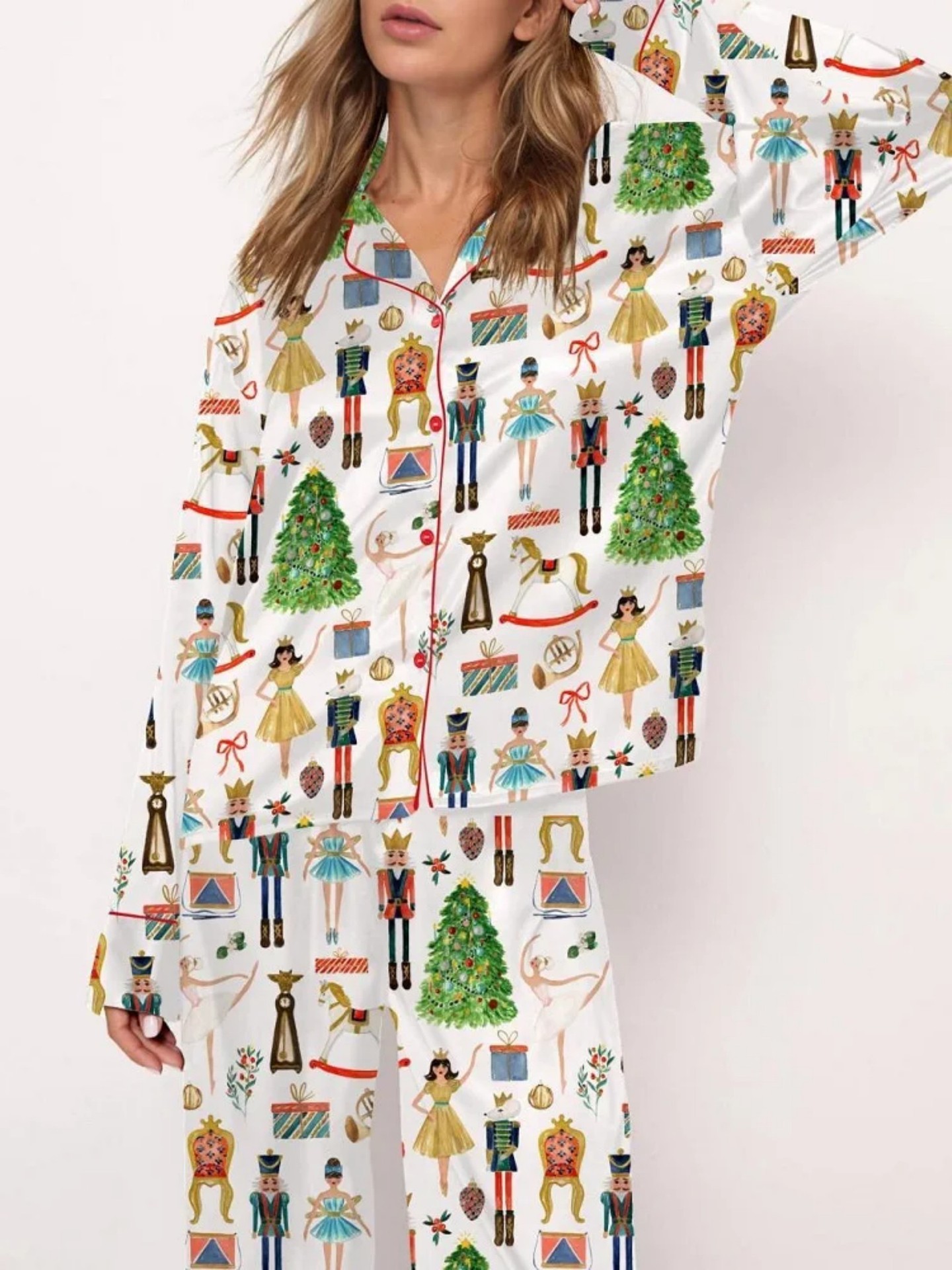 Women's Cuban Collar Long Sleeve Printed Top Set Casual Loungewear
