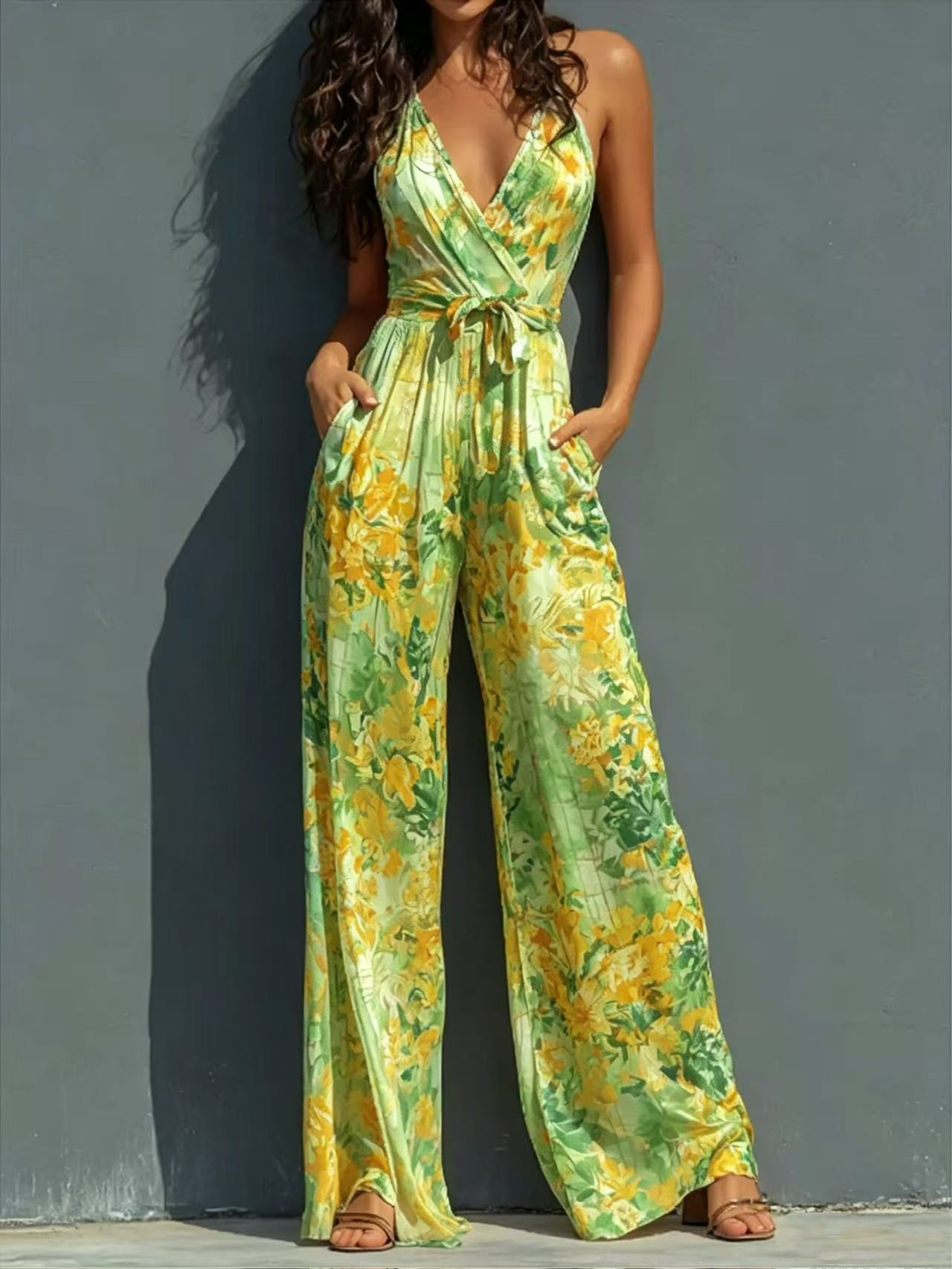 Women's Halter Deep V Printed Jumpsuit High Waist Tie Wide Leg