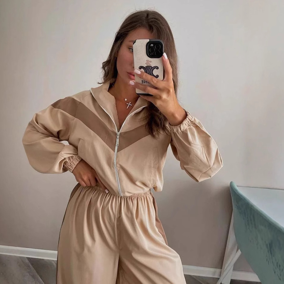 Women's Color-Block Long-Sleeve Cardigan and Pants Set Streetwear