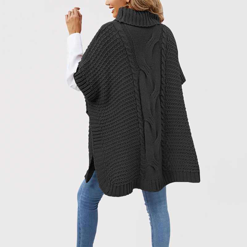 Cable-Knit Turtleneck Poncho Sweater Women's Loose Short-Sleeve Pullover
