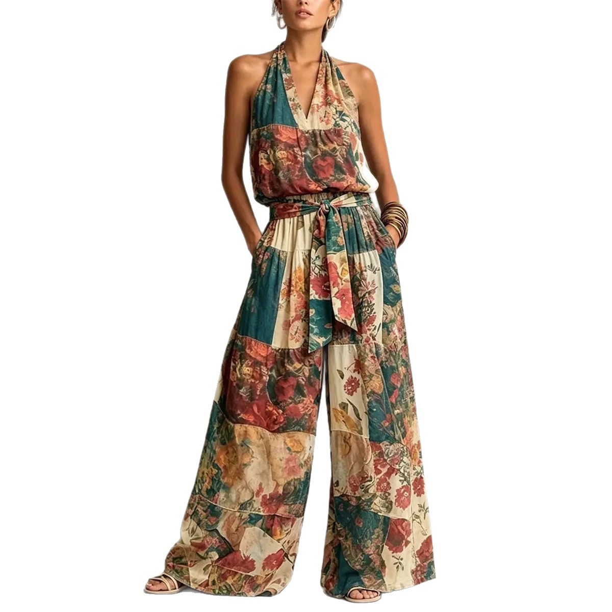 Women's Summer Casual Plaid Print Sleeveless Jumpsuit