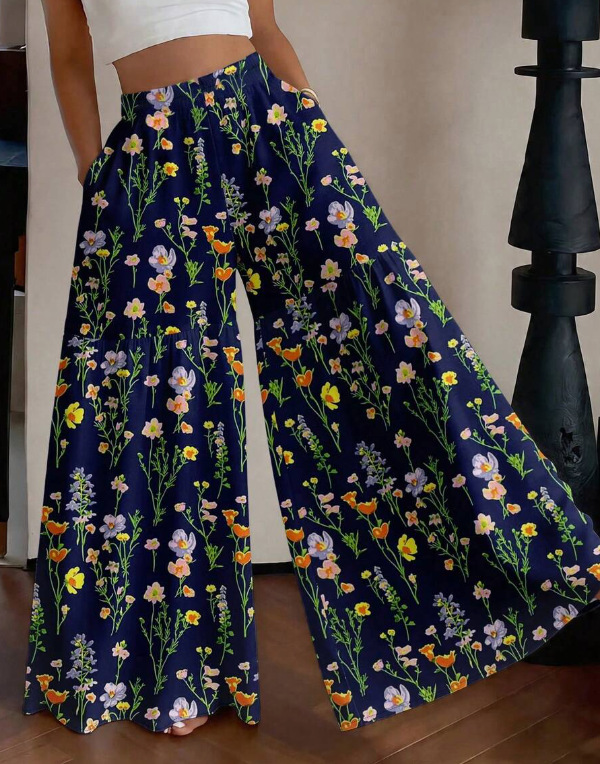 High-Waist Floral Wide-Leg Pants Casual Loose Fit