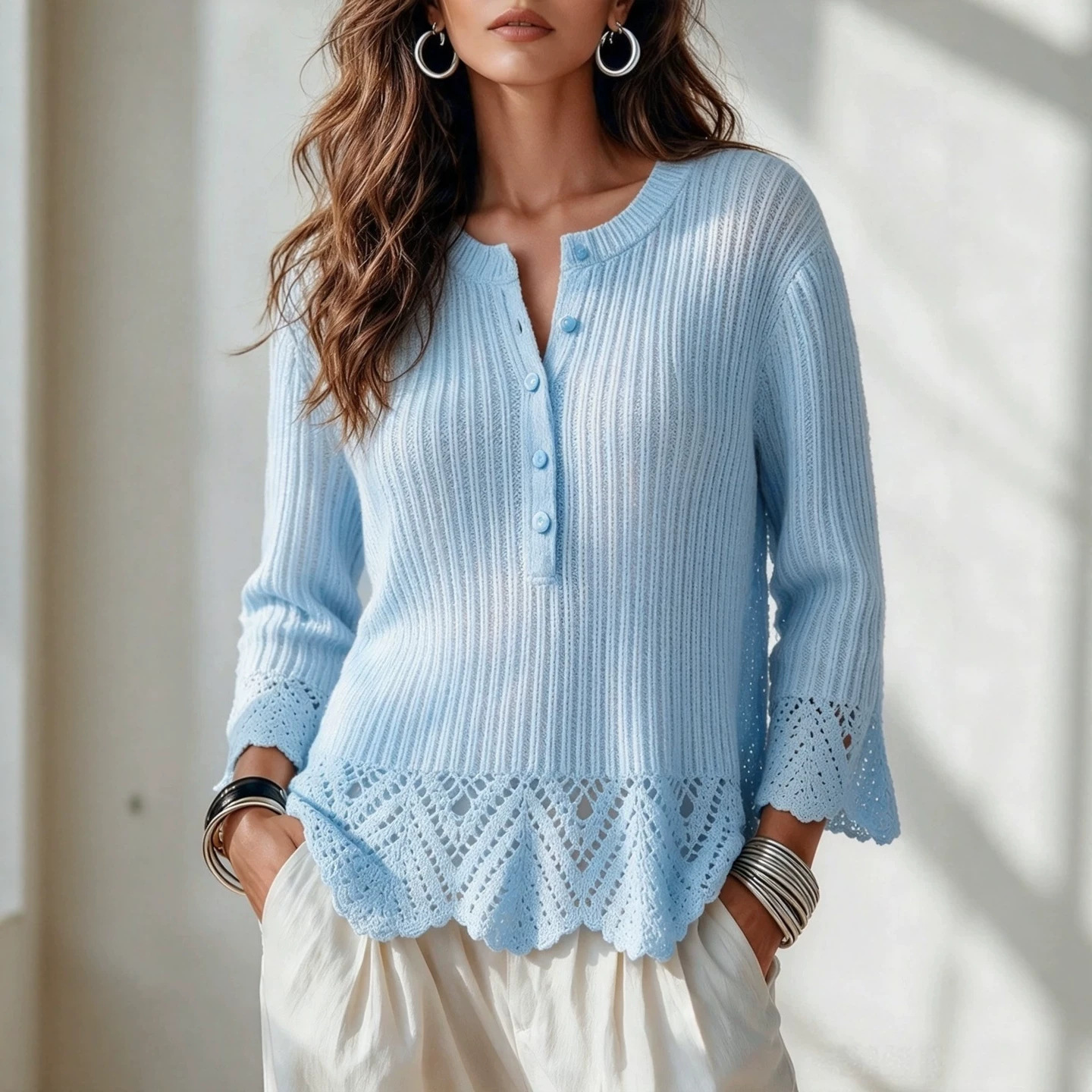 Solid Button Bell Sleeve Loose Slouchy Knit Sweater for Women