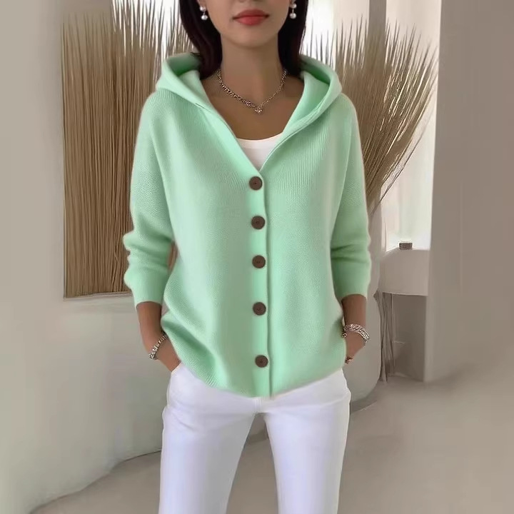 Hooded Knit Cardigan Women Solid Color Casual Sweater Coat