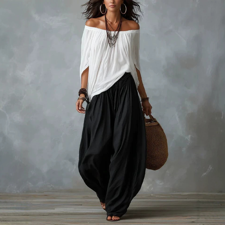 Women's Casual Solid Off-Shoulder Top and Lantern Pants Set