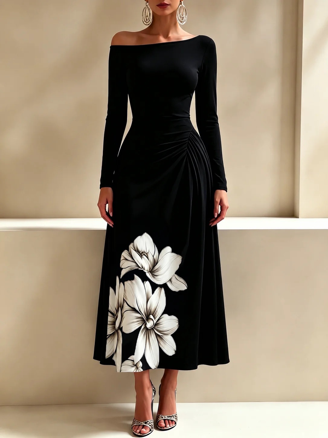 Off-Shoulder Floral Print Maxi Dress with Side Waist Ruching