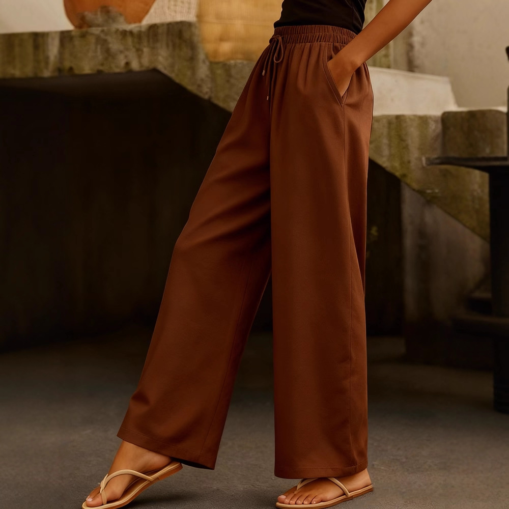 Women's Cotton-Linen Wide-Leg Pants with Drawstring Elastic Waist and Side Pockets