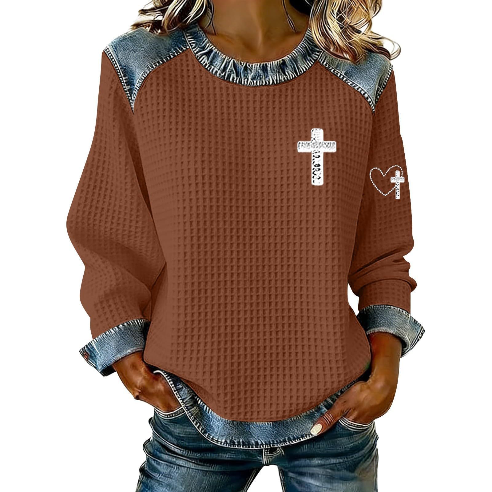 Women's Cross Print Crewneck Pullover Sweatshirt