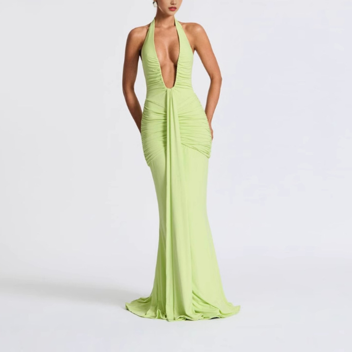 Elegant Solid Halter Deep V Mermaid Maxi Dress with Open Back and Sash