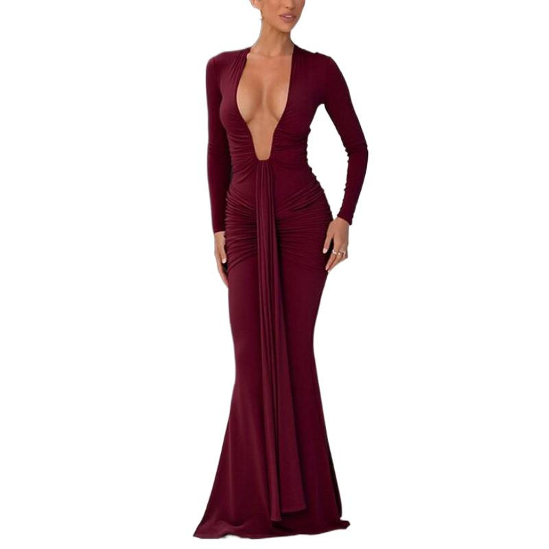 Elegant Solid Deep V-Neck Waist-Cinching Mermaid Long Sleeve Dress
