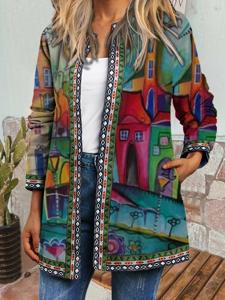Retro Ethnic Print Long Sleeve Open Front Jacket Cardigan for Women