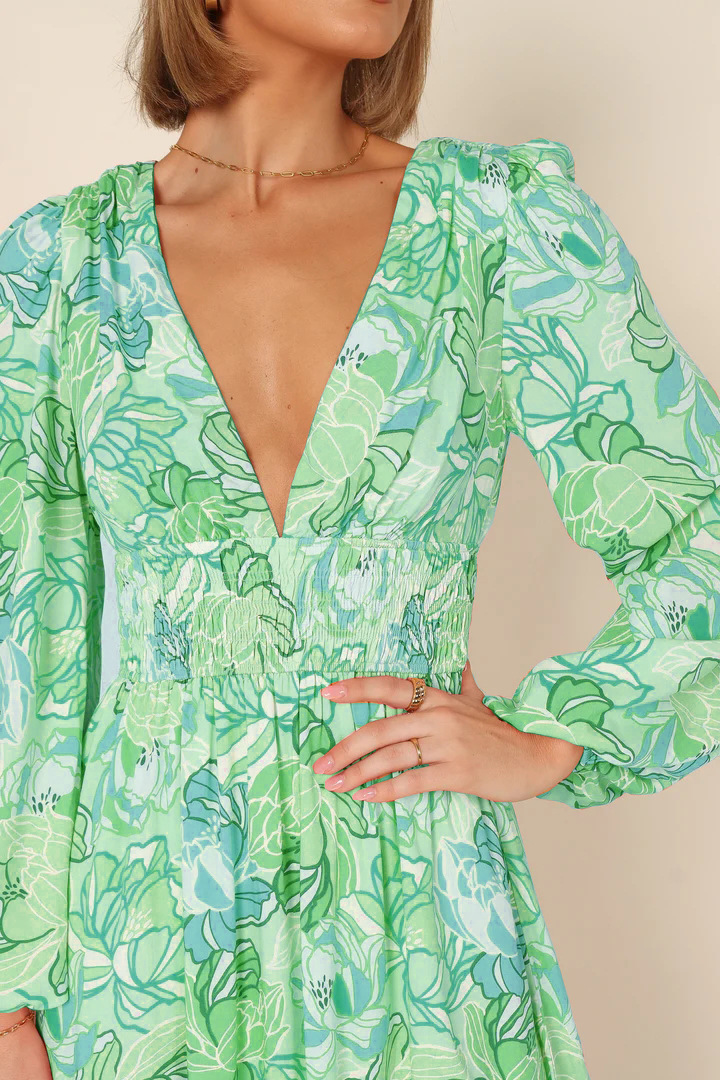 Floral Print Open Back Tie Deep V Long Sleeve Maxi Dress