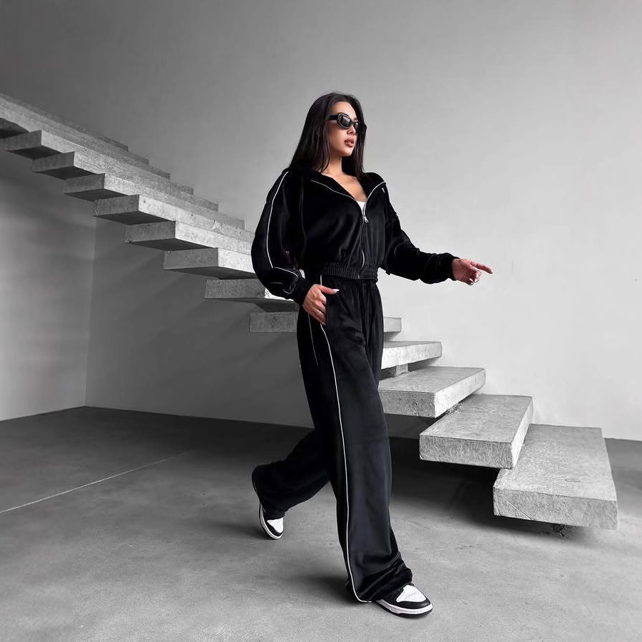Velvet Hooded Cardigan & Wide-Leg Pants Two-Piece Set with Stripes