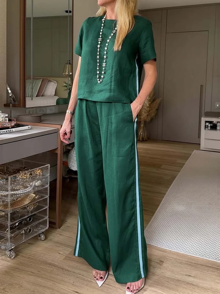 Women's Cotton-Blend Two-Piece Set with Crew Neck Top and Pants