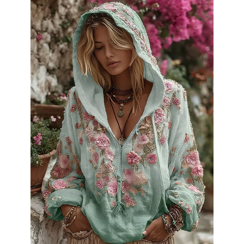 Hooded Zip-Up Sweatshirt with Japanese Cherry Blossom Art Print