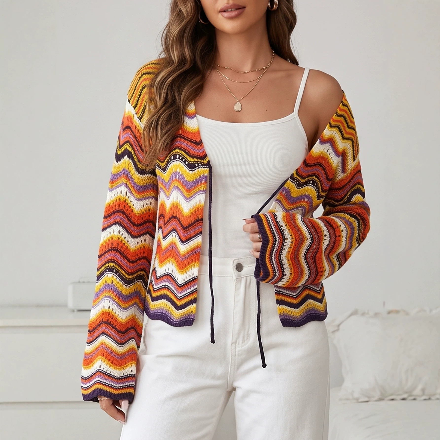 Rainbow Wavy Knit Cardigan Women's V-Neck Long Sleeve Tie-Front
