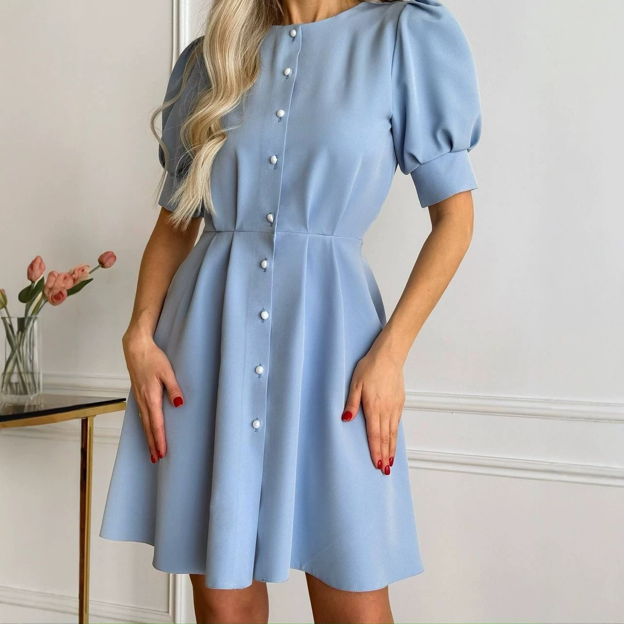 Round Neck Waist-Cinching Ruffle Short Sleeve Dress