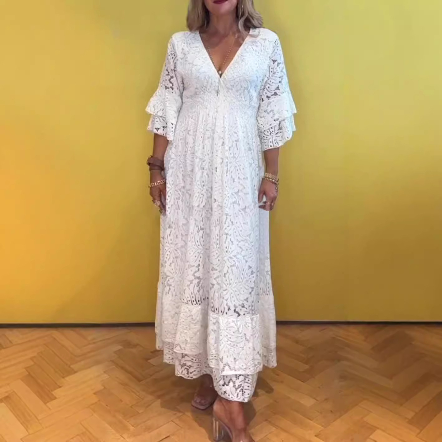 Women's Lace Cutout Deep V-Neck Solid Color Maxi Dress