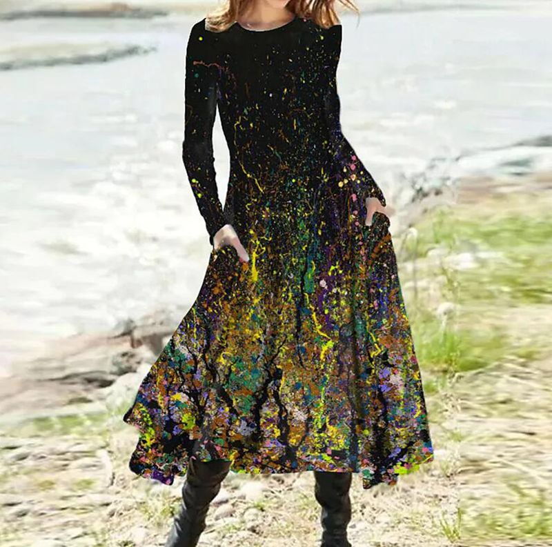 Women's Gradient Print A-Line Midi Dress with Pockets Long Sleeve Crew Neck