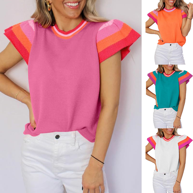 Women's Colorblock Crewneck Knit Top with Flutter Sleeves