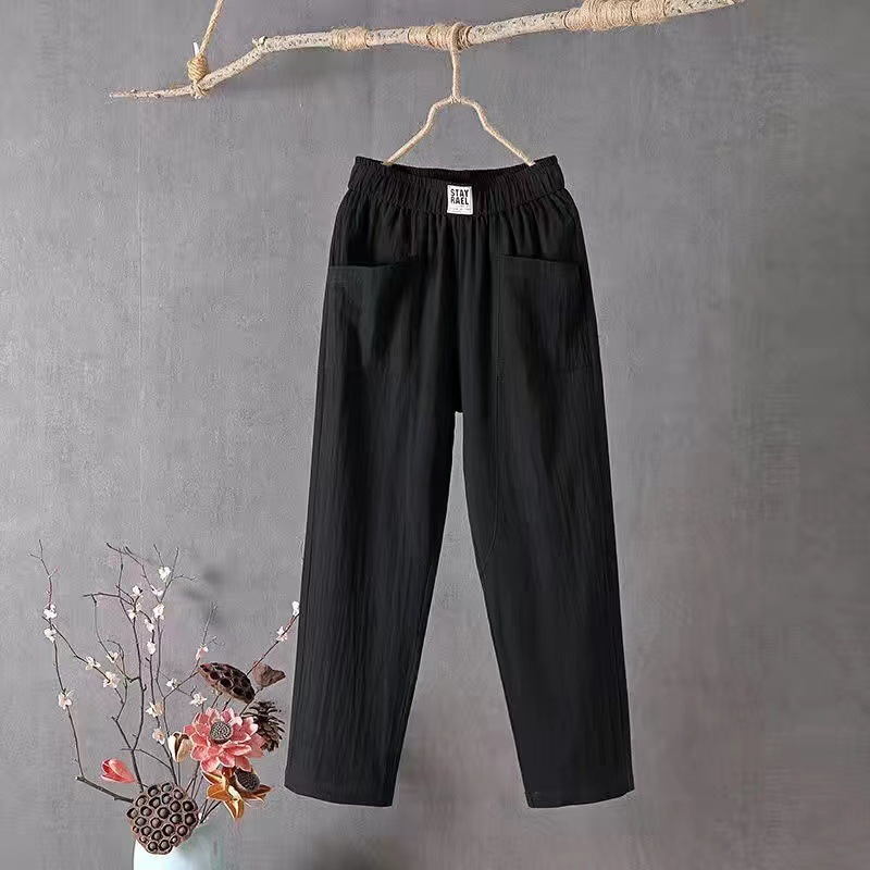 Women's Cotton Linen Straight-Leg Cropped Pants Casual Solid Color