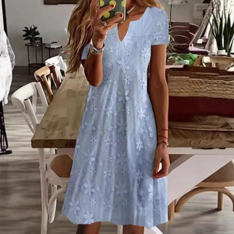 Elegant Solid V-Neck Short Sleeve Dress