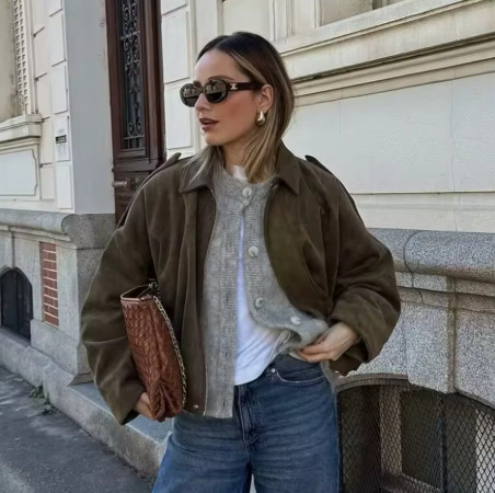 Suede-Feel Faux Leather Bomber Jacket with Collar