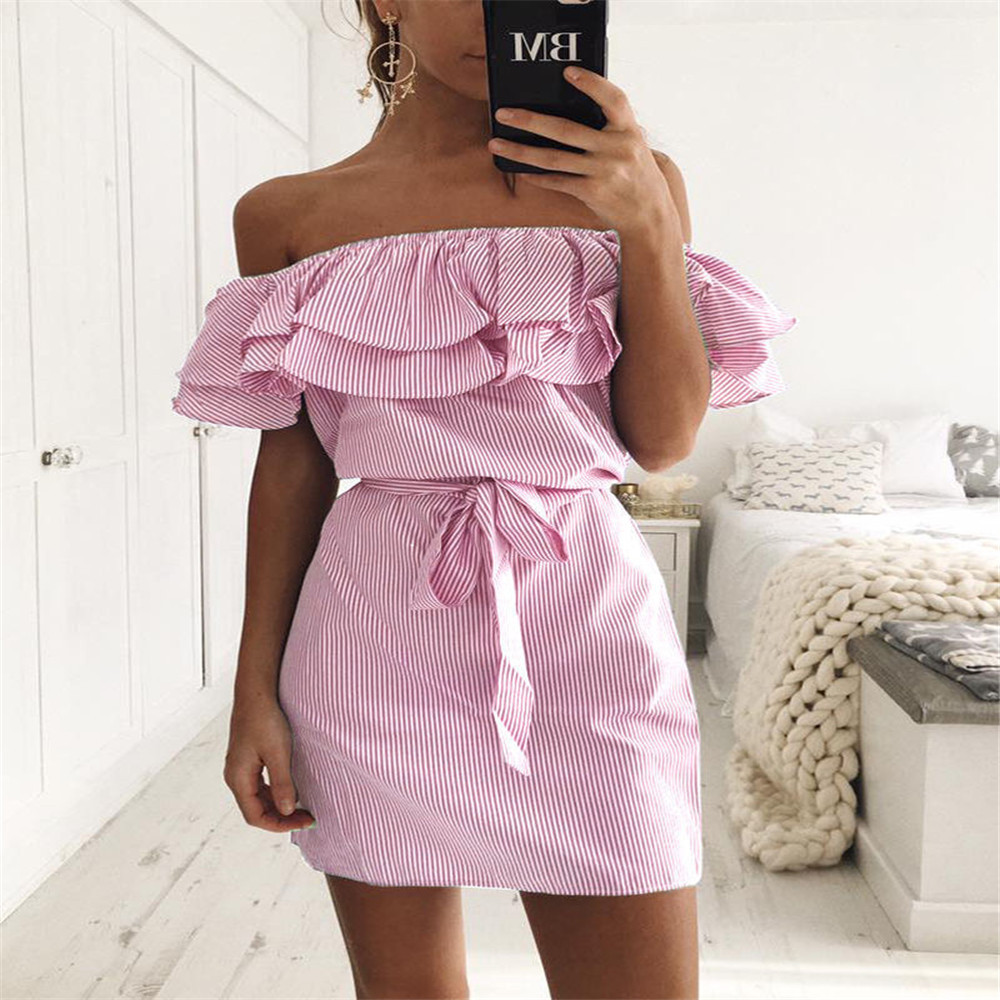 Striped Off-Shoulder Ruffle-Sleeve Dress