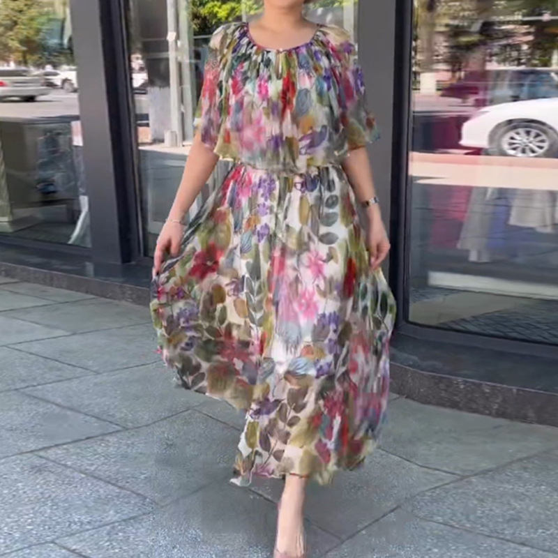 Women's Vintage Floral Print Short Sleeve Long Dress Slim Waist