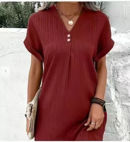 Women's V-Neck Solid Color Pullover Dress with Buttons