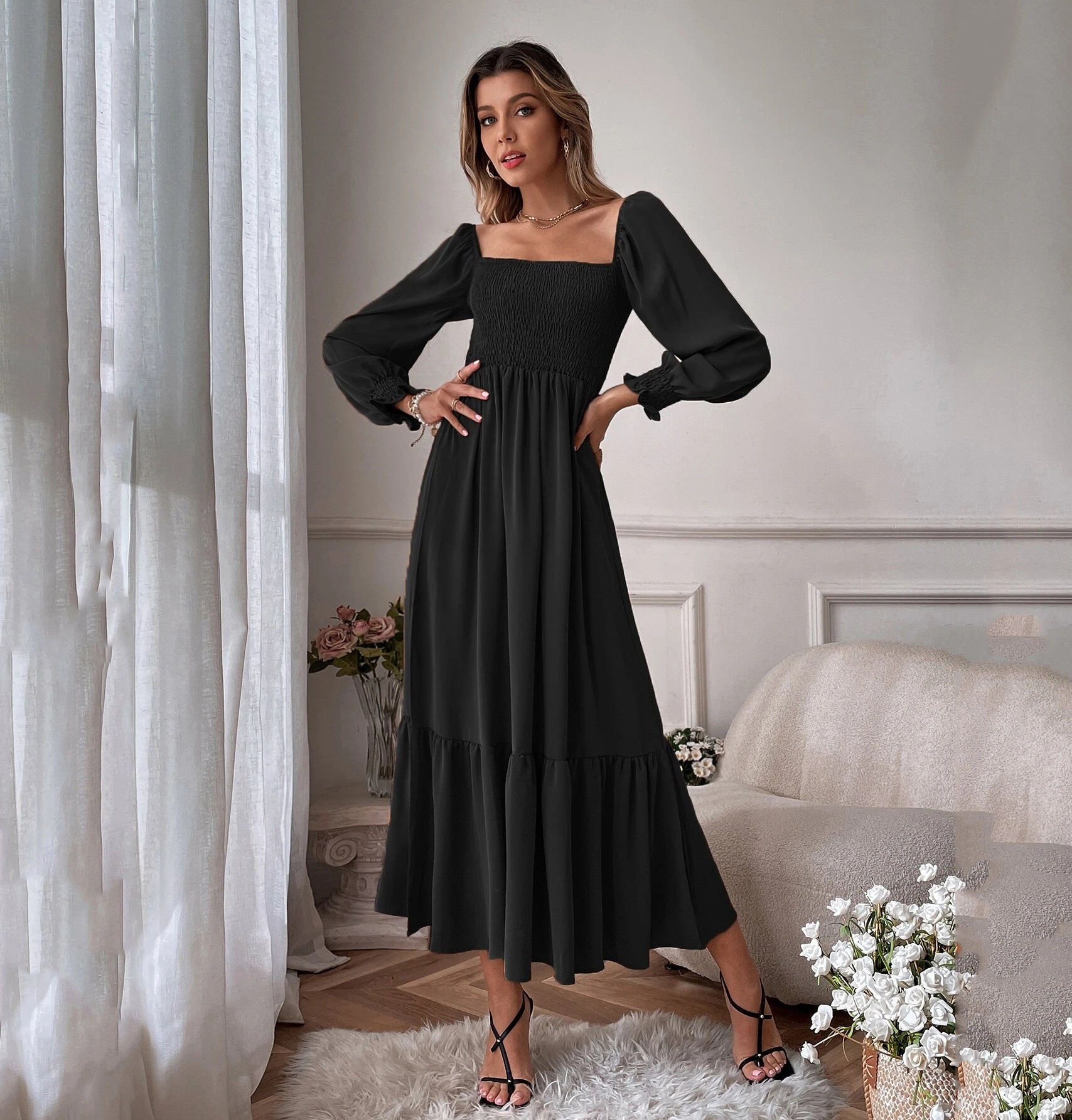 Square Neck Ruffle Long Sleeve High Waist Bodycon Dress
