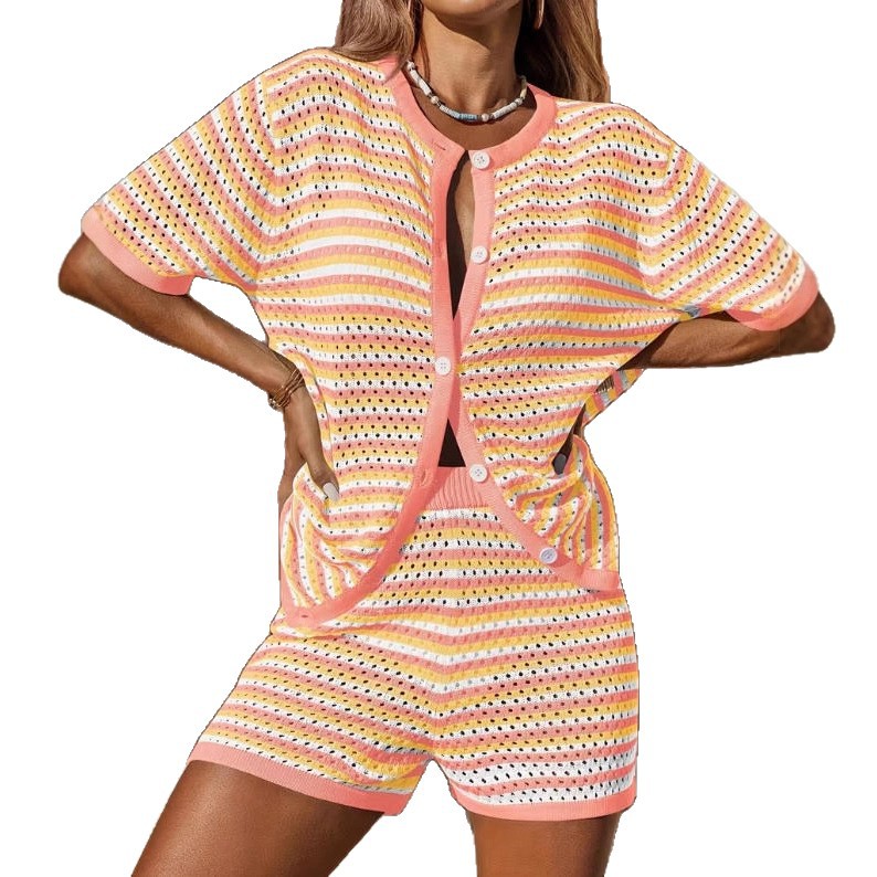 Women's Striped Knit Cardigan & Shorts Set with Collar