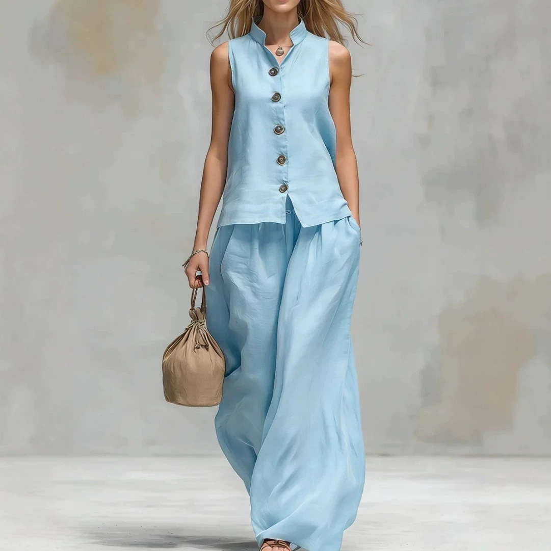 Women's V-Neck Tank Top and Pants Set Casual Cotton Linen Solid Color