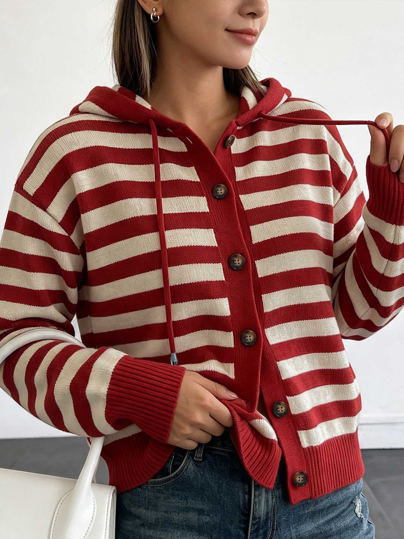 Color-Block Striped Hooded Knit Cardigan Women's Single-Breasted Long-Sleeve Ribbed Trim Casual Jacket