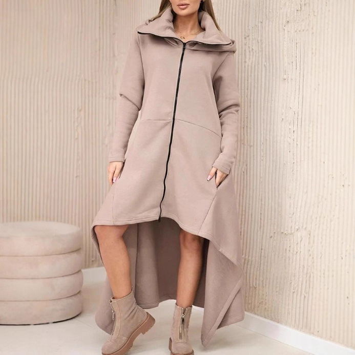 Women's Solid Color Hooded Zip Loose Sweatshirt Dress