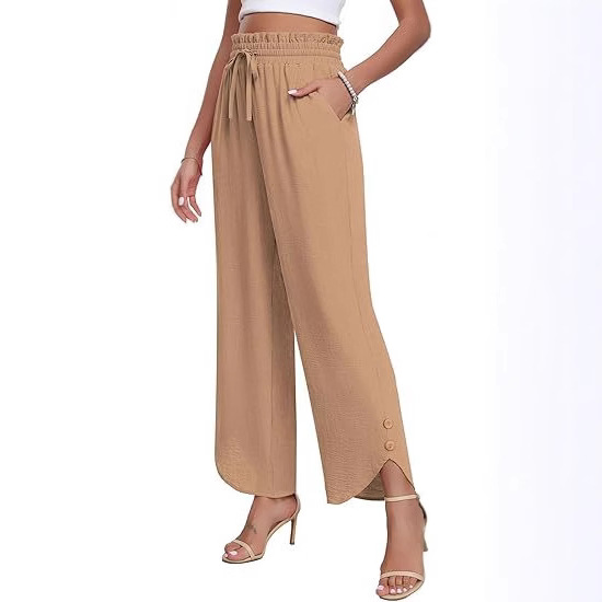 Women's High-Waist Wide-Leg Pants with Adjustable Drawstring