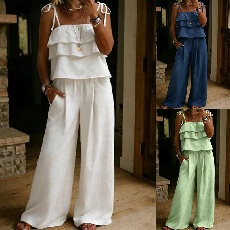 Women's Summer Linen-Blend Cami Top and Wide-Leg Pants Set Solid Color