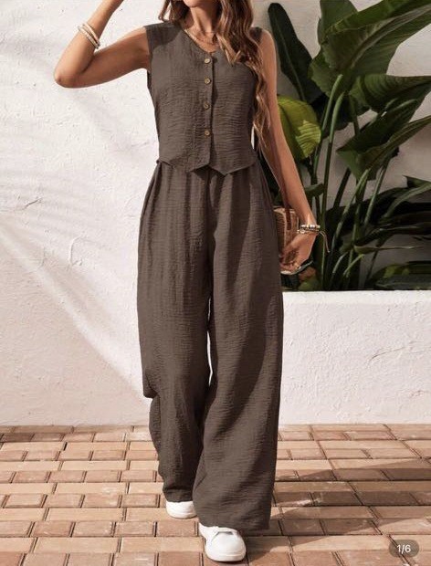 Linen-Blend Button-Front V-Neck Vest and Pants Set