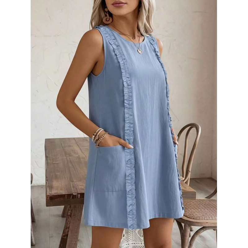 Women's Sleeveless Round Neck Ruffle Trim Midi Dress Solid Casual