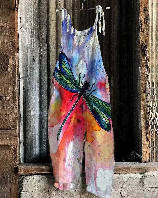 Women's Printed Cotton-Linen Cami Jumpsuit Sleeveless Wide-Leg Beach Romper