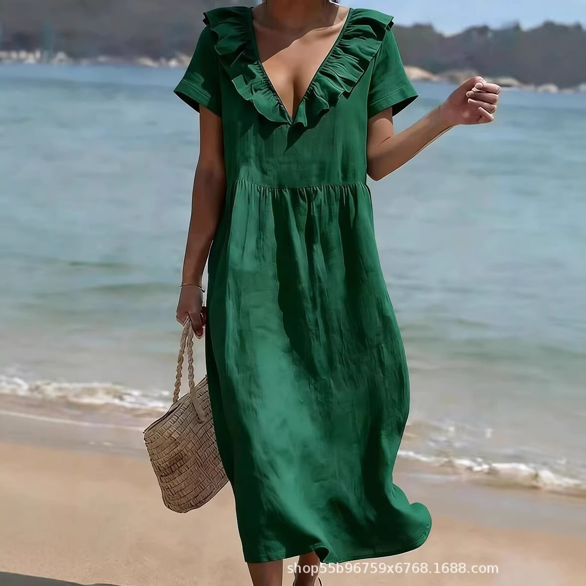 Solid V-Neck Short Sleeve Ruffled A-Line Maxi Dress with Pockets