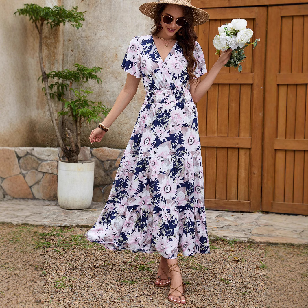 Floral Print V-Neck Short Sleeve Cinched Waist Flowy Maxi Dress