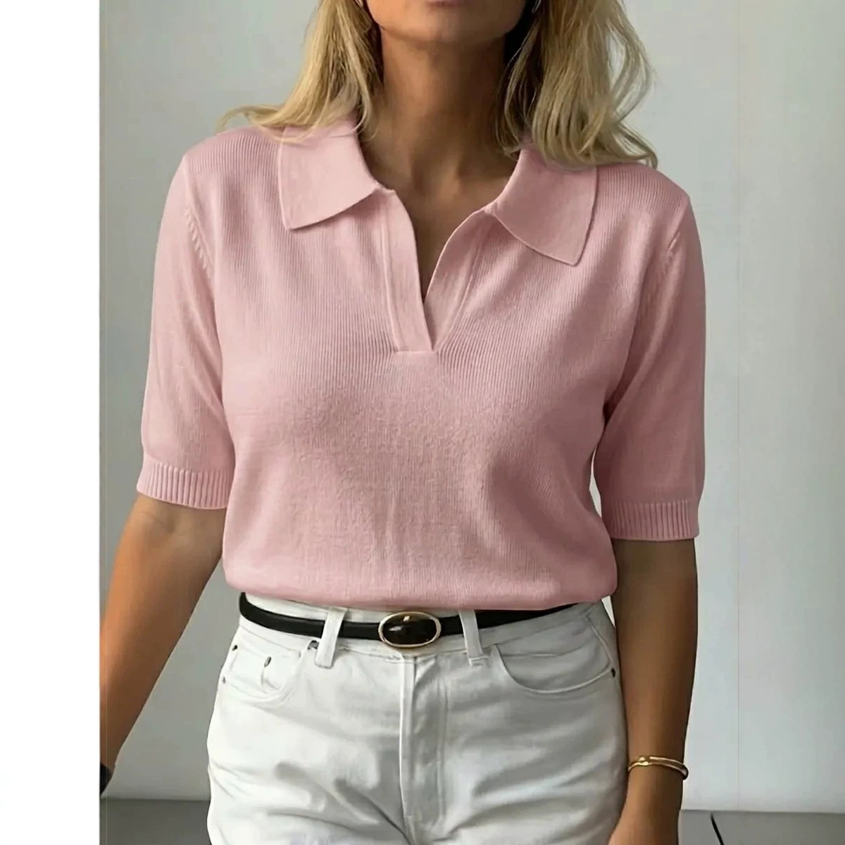 Women's Solid Knit T-Shirt with Shirt Collar and 3D Pattern
