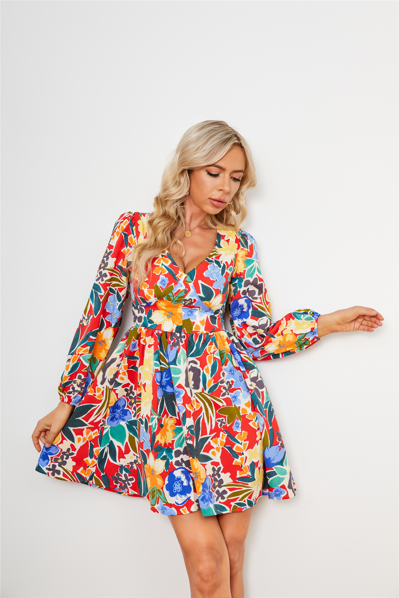 Women's Long Sleeve High Waist Floral Dress