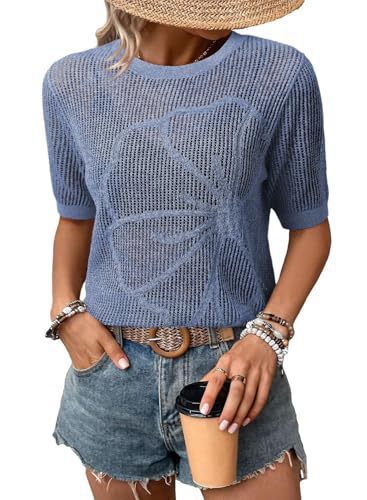 Women's Summer Round Neck Short Sleeve Openwork Floral Knit Top