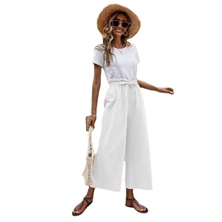 Women's Summer Cotton-Linen Wide-Leg Cropped Pants with Belt