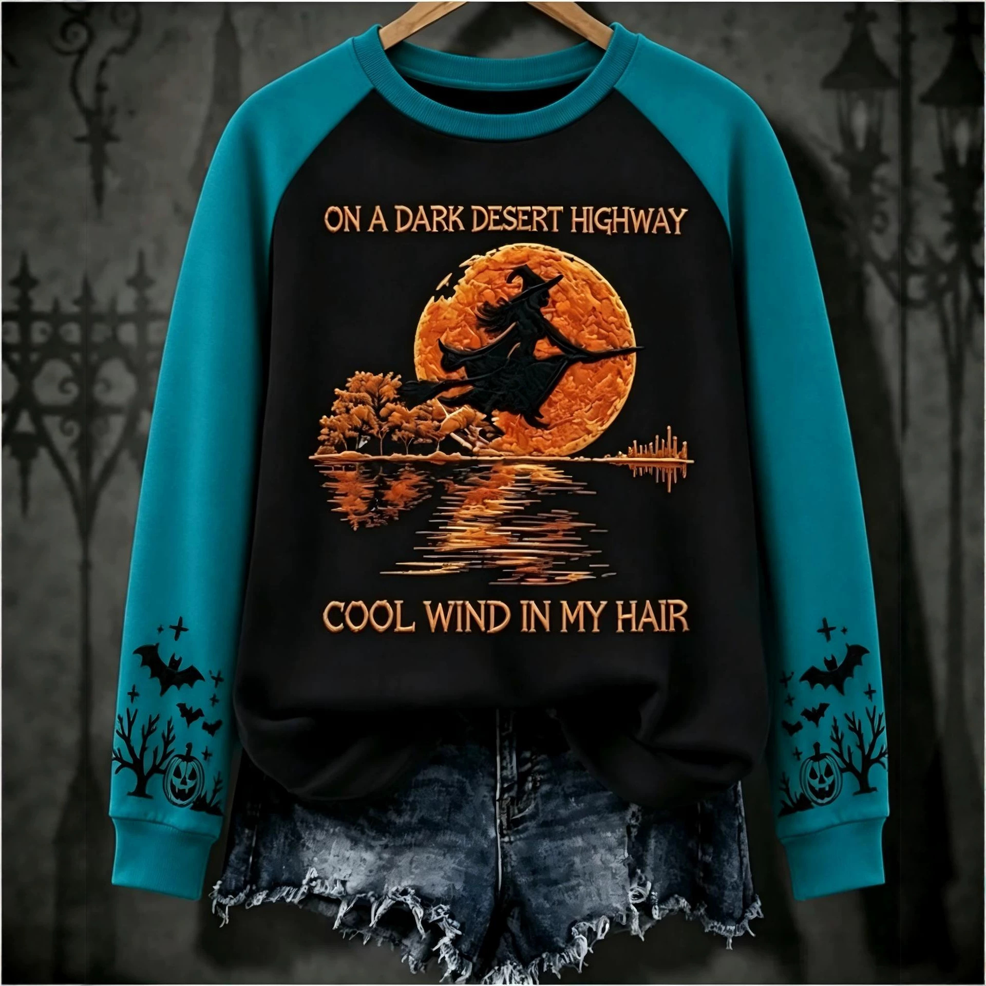 Halloween Witch Print Crewneck Long-Sleeve Pullover Sweatshirt
