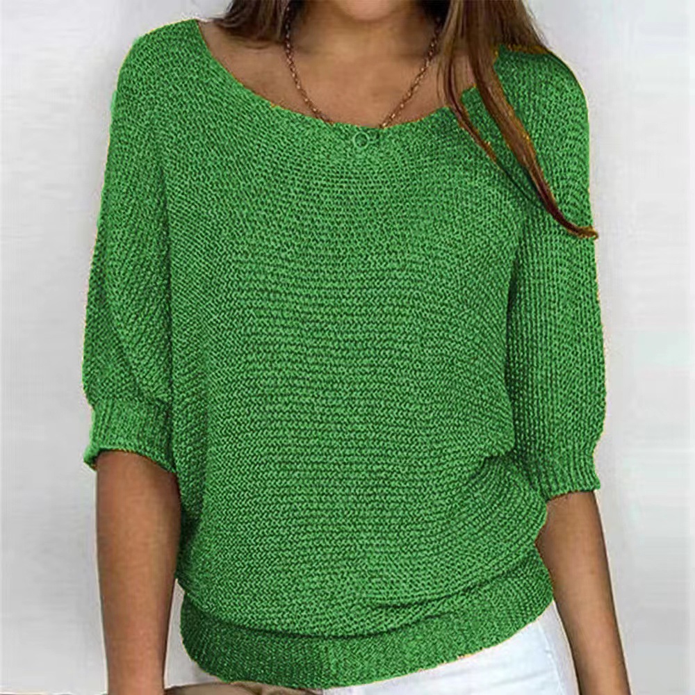 Women's Solid Crewneck Knit Top with Lantern Sleeves