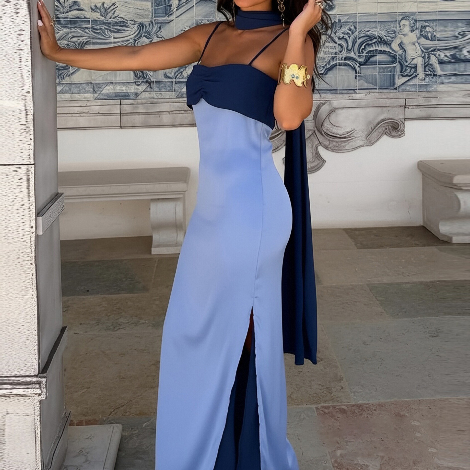 Women's Color-Block Scarf-Neck Bodycon Cami Dress